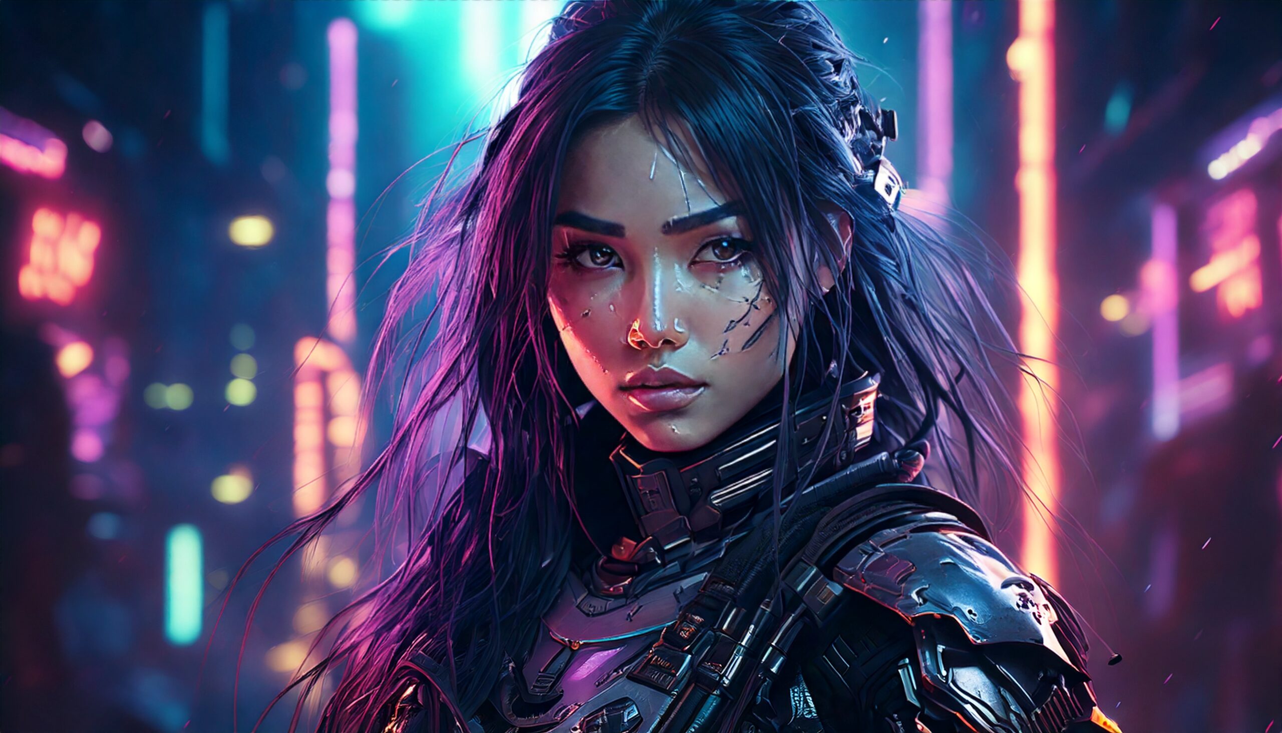 Portrait d'une femme asiatique dans une armure cybernétique et dans une ambiance synthwave